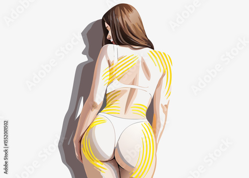Artistic Illustration of Woman with Abstract Yellow Stripes for Fashion Blogs, Creative Portfolios, Digital Artworks, and Trendy Lifestyle Content  
