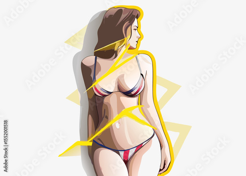 Woman in bikini, summer style illustration, yellow accents, for websites