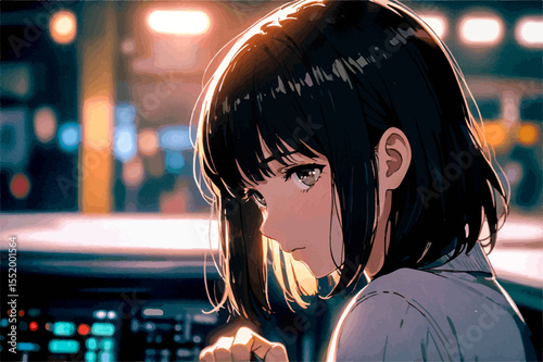 Young woman driving her car at night, enjoying the city lights, anime style
