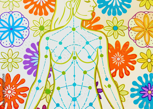 Woman's Body with Acupuncture Points and Floral Background for Wellness Websites, Alternative Medicine Blogs, Health Awareness Articles, and Holistic Healing Content  