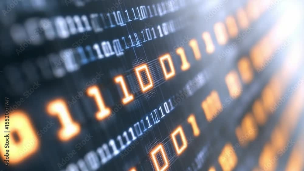 Binary Code: A digital abstraction in the realm of technology, where the essence of information is encoded in a visual stream of zeros and ones, illuminated in glowing shades of amber.