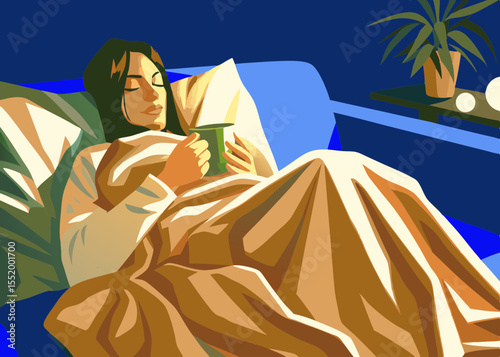 Woman resting peacefully with a warm drink, on a couch, for wellness websites