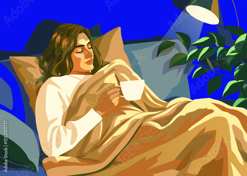 Woman Sipping Tea While Relaxing on Sofa Under Soft Lighting with Houseplant in Background for Lifestyle Blogs, Self-Care Websites, Home Comfort Articles, and Well-Being Content  