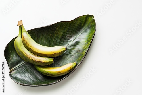 Photo of bananas on a white background with a banana leaf, top view, with copy space.