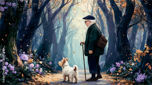 Senior man with walking stick and small dog enjoying a peaceful stroll through a colorful autumn forest