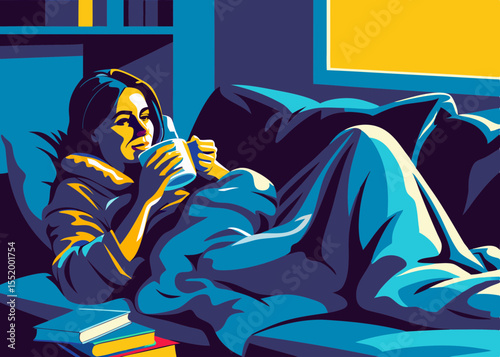 Woman relaxing with a warm drink on a couch, at home, for blogs and websites