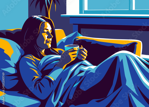 Woman relaxing with a warm drink in bed, with copy space