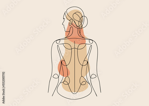 Woman back pain illustration, minimalist style, beige and coral, for medical websites