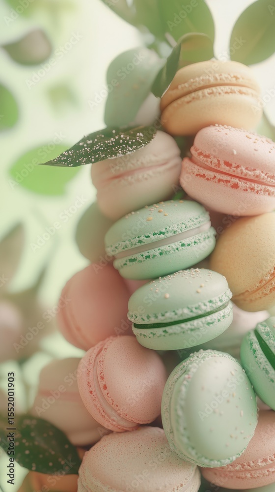 Fototapeta premium Exquisite Pastel Macaron Stack: Delicate French Patisserie for Elegant Celebrations & Festive Events