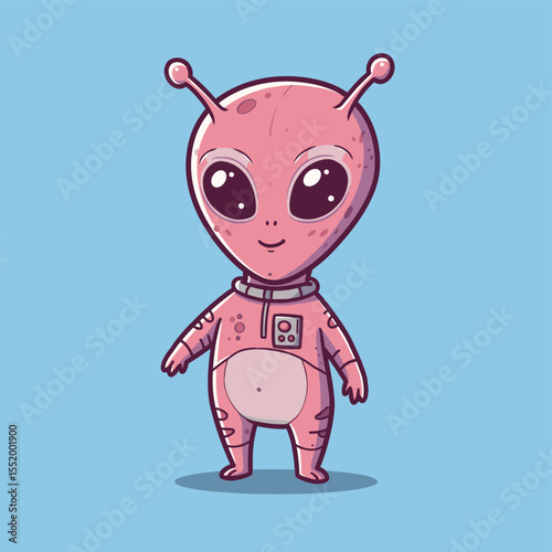 Cute Pink Alien Character Illustration with friendly face, isolated on blue background