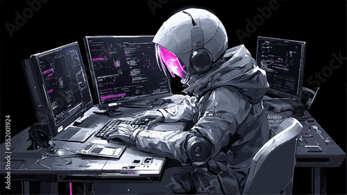 robot programmer is coding on futuristic computer in space suit with glowing visor, developing software for space exploration
