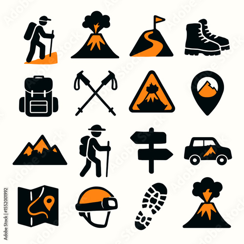 Collection of Hiking and Mountaineering Icons with Volcanoes