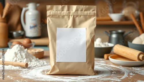 A brown paper bag with a blank white label sits on a floured surface, surrounded by baking ingredients.