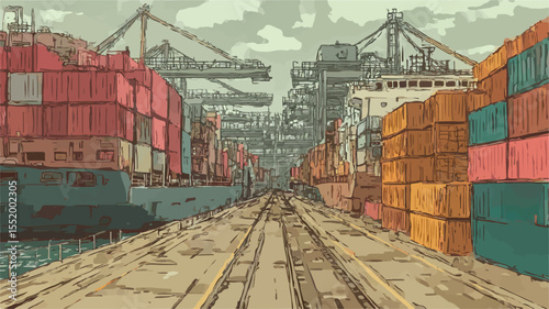 Cargo ships loading containers at a commercial port with cranes and logistics operations