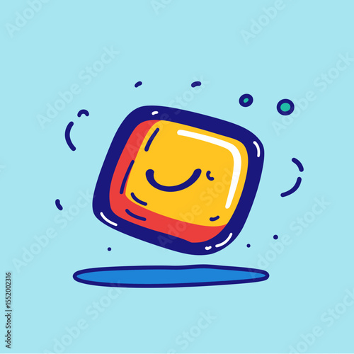Joyful Square Cartoon Character with a Subtle Smile, Floating on Light Blue Background