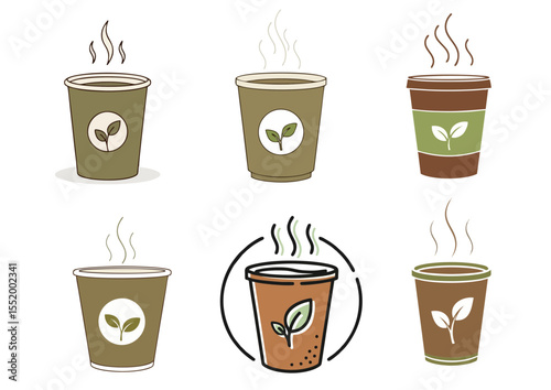 Flat vector illustration of compostable cup with plant symbol and steam, symbolizing sustainable beverage choices