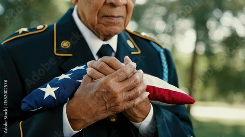 Elderly African American veteran holding folded flag Outdoors