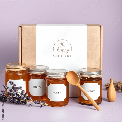 A honey gift set featuring jars, a wooden spoon, and lavender sprig.