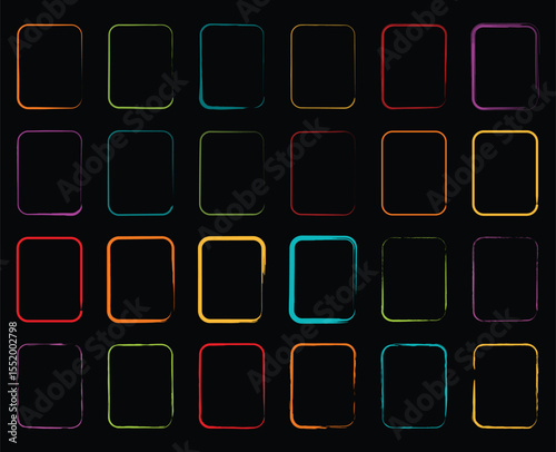Decorative square shapes featuring rough outlines and painted fills in multicolored and black styles, ideal for sketch art, posters, website design, and abstract compositions.