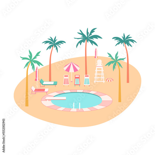 Tropical vacation poolside scene vector illustration. Round pool with diving board, palm trees colorful lounger chairs, parasol, lifeguard chair on beach sand background. Summer resort composition