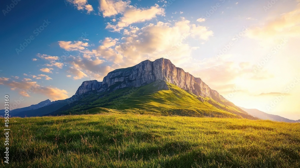Obraz premium Majestic Mountain Peak Surrounded by Lush Green Hills and Bright Blue Sky at Sunrise