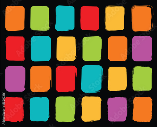 Decorative square shapes featuring rough outlines and painted fills in multicolored and black styles, ideal for sketch art, posters, website design, and abstract compositions.