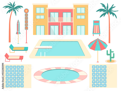 Summer vacation hotel poolside scene vector set. Flat cartoon illustrations. Palm trees, colorful motel building, parasol, lounger chairs, swimming pool isolated on white for tropical tourism design