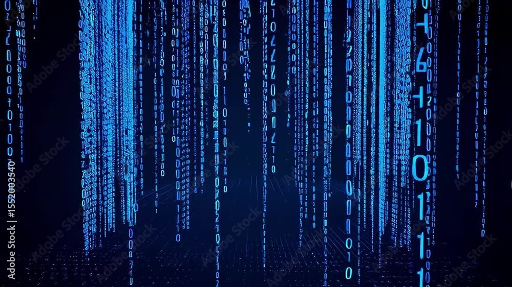Dynamic blue binary code streams falling on a dark background. Abstract digital data representing technology, internet, cybersecurity, AI, and programming concepts. Perfect futuristic backdrop.