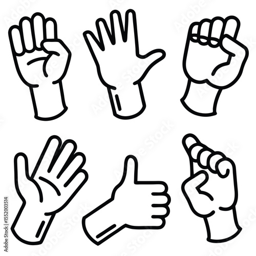 Digital illustration showcases six distinct hand gestures rendered in a clean, black and white line art style. The hands are depicted from various angles and include poses such as an open palm.