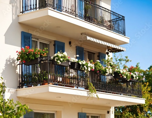 Two-story building with ornate balconies and colorful flower planters.  Exterior view of apartments with light beige walls, blue shutters, and black wrought iron railings. 