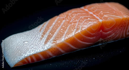 Fresh Salmon Steak Slice With Water Droplets On Black Surface