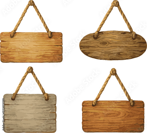 Collection of wooden signs hanging from ropes isolated on white background