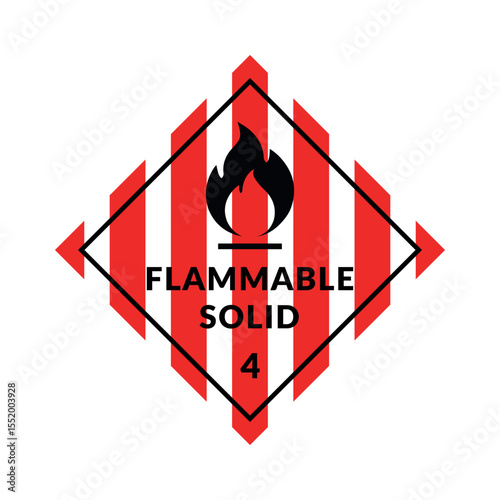 Hazardous Material Flammable Solid Vector Label Class 4 in Flat Design Style on White Background. Safety Sign with Fire Symbol.