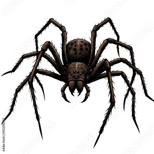 Detailed Illustration of a Dark Spider with Prominent Legs on a White Background