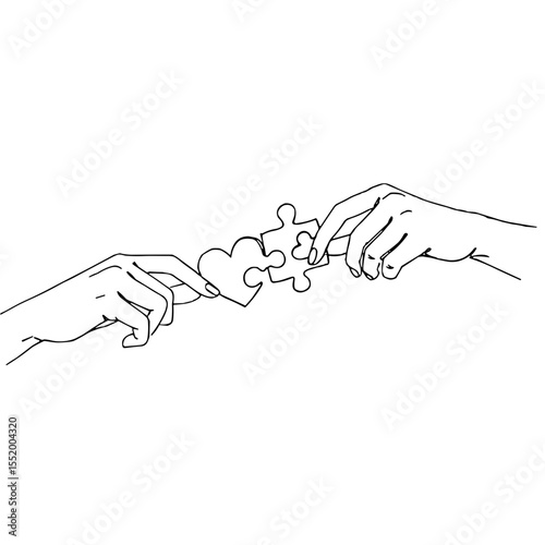 Two hands connecting heart-shaped puzzle pieces, minimal line art on white background
