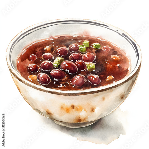 Red bean soup with bowl, and watercolor.
