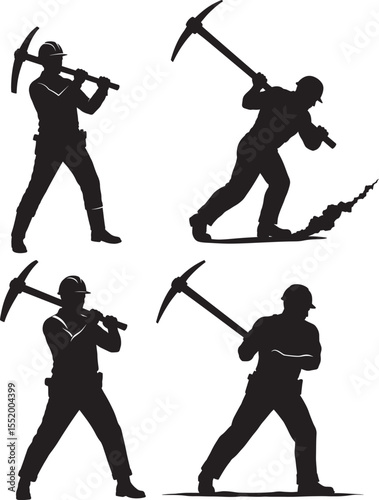Pickaxe worker in mining action vector illustration
