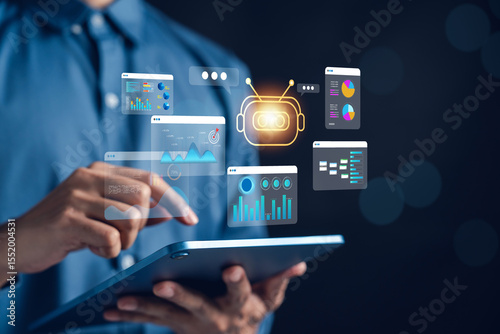 Photos Businessman using AI technology and robotic automation on digital tablet with analytics dashboards