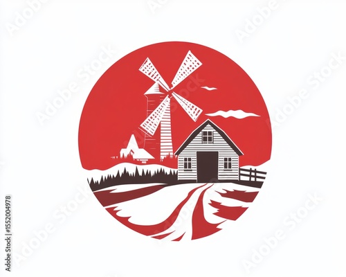 Rural Scene with Windmill and Barn Set in Circle of a Farm Landscape
