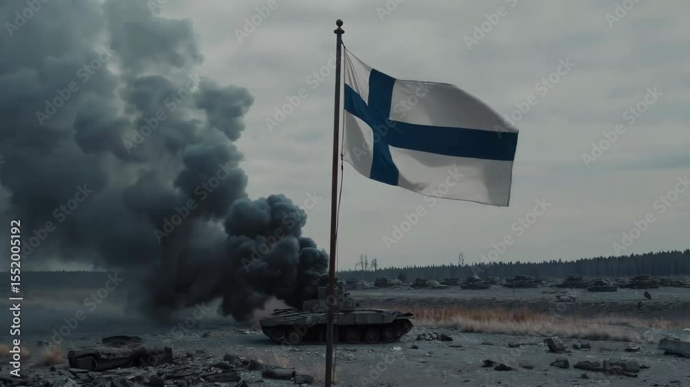 Drone glides over Finland’s battlefield. Amid smoke and ash, a torn white and blue flag waves—cinematic symbol of national pride, strength, and quiet resilience