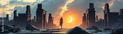 Person walking through a city with a sunset