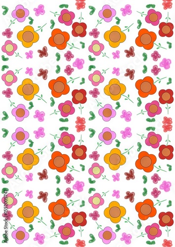 Colorful floral pattern featuring various flowers and leaves  