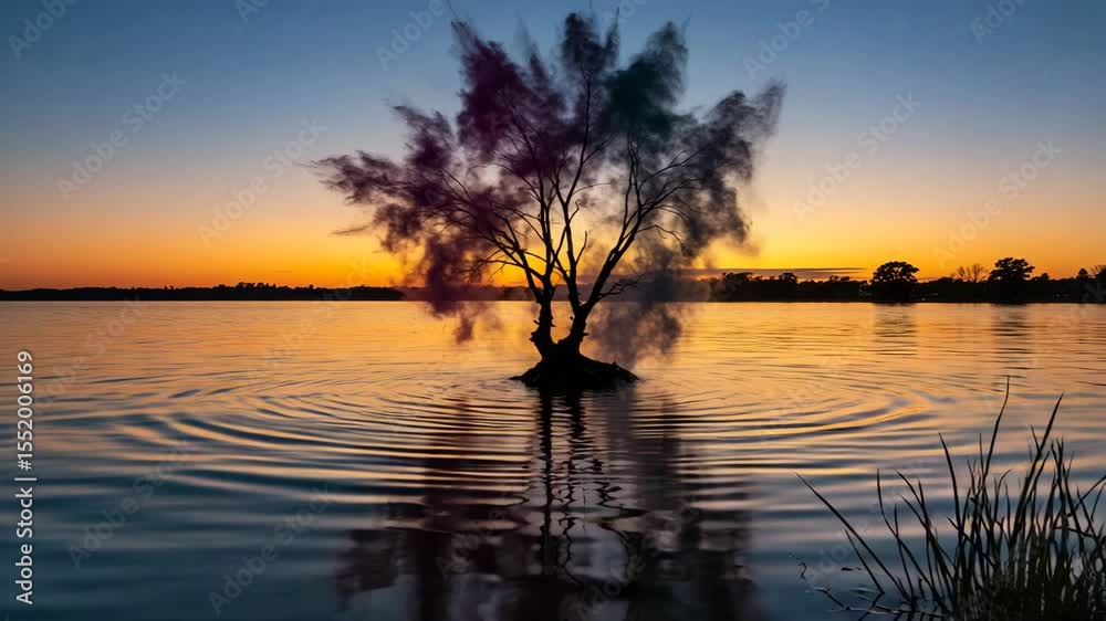 Tree in water rippling at sunset Tree in water rippling at sunset