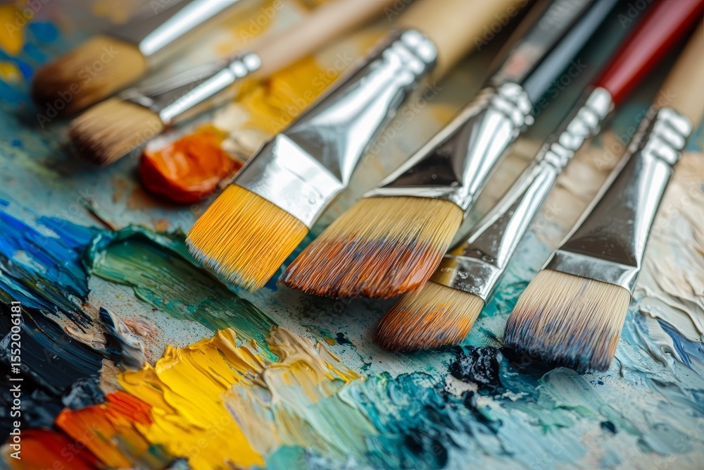 Fototapeta premium Close up of artistic paintbrushes resting on a vibrant and colorful paint palette