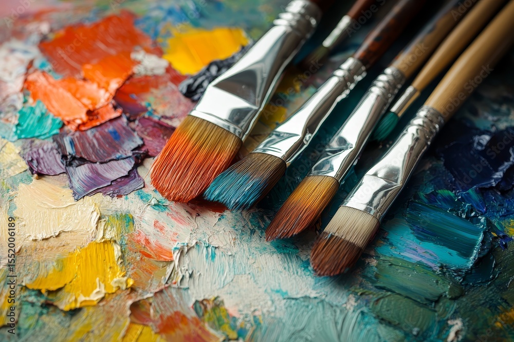 Obraz premium Close up view of vibrant paintbrushes resting on an artistic and colorful palette