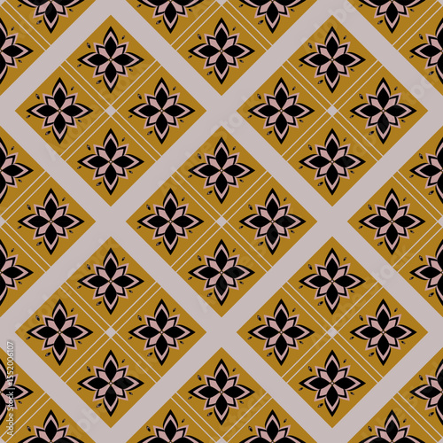 Flower motifs pattern in diamond shape with bold lines cross in olive color. Concept of abstract floral, vintage, geometric, repeat, bloom for cloth texture, textile seamless, wallpaper, wrapping.