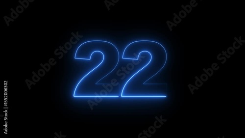 Neon 22 number mathematics text icon animation on black background. Glowing neon 22 motion graphics animation. Number 22 vector illustration. Digits with glowing lights and bulbs.  