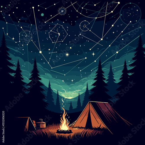 Camping scene with a campfire under a starry sky filled with constellations and pine trees