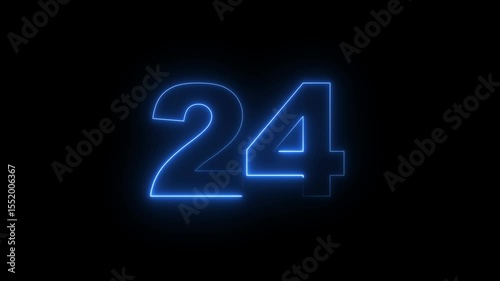 Neon 24 number mathematics text icon animation on black background. Glowing neon 24 motion graphics animation. Number 24 vector illustration. Digits with glowing lights and bulbs.  