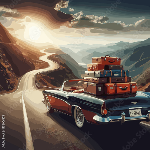 Classic convertible car loaded with suitcases on a winding road during sunset